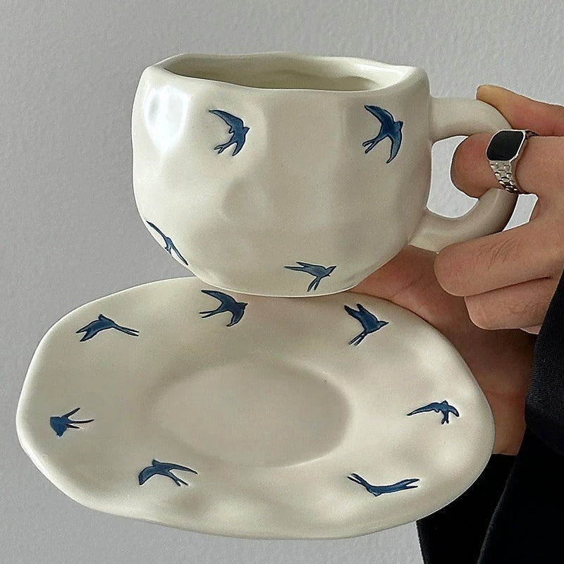 Blue Bird Mug with Saucer