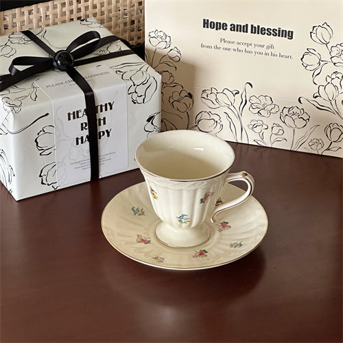 Gold-Rimmed Floral Coffee Cup