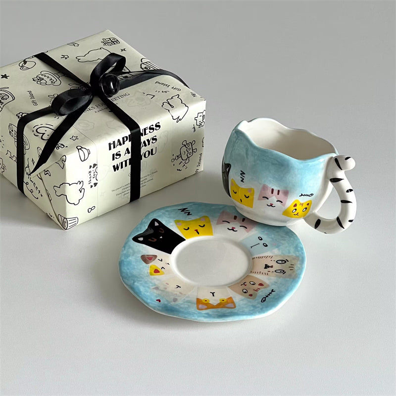 Hand drawn Cat Mug with Saucer