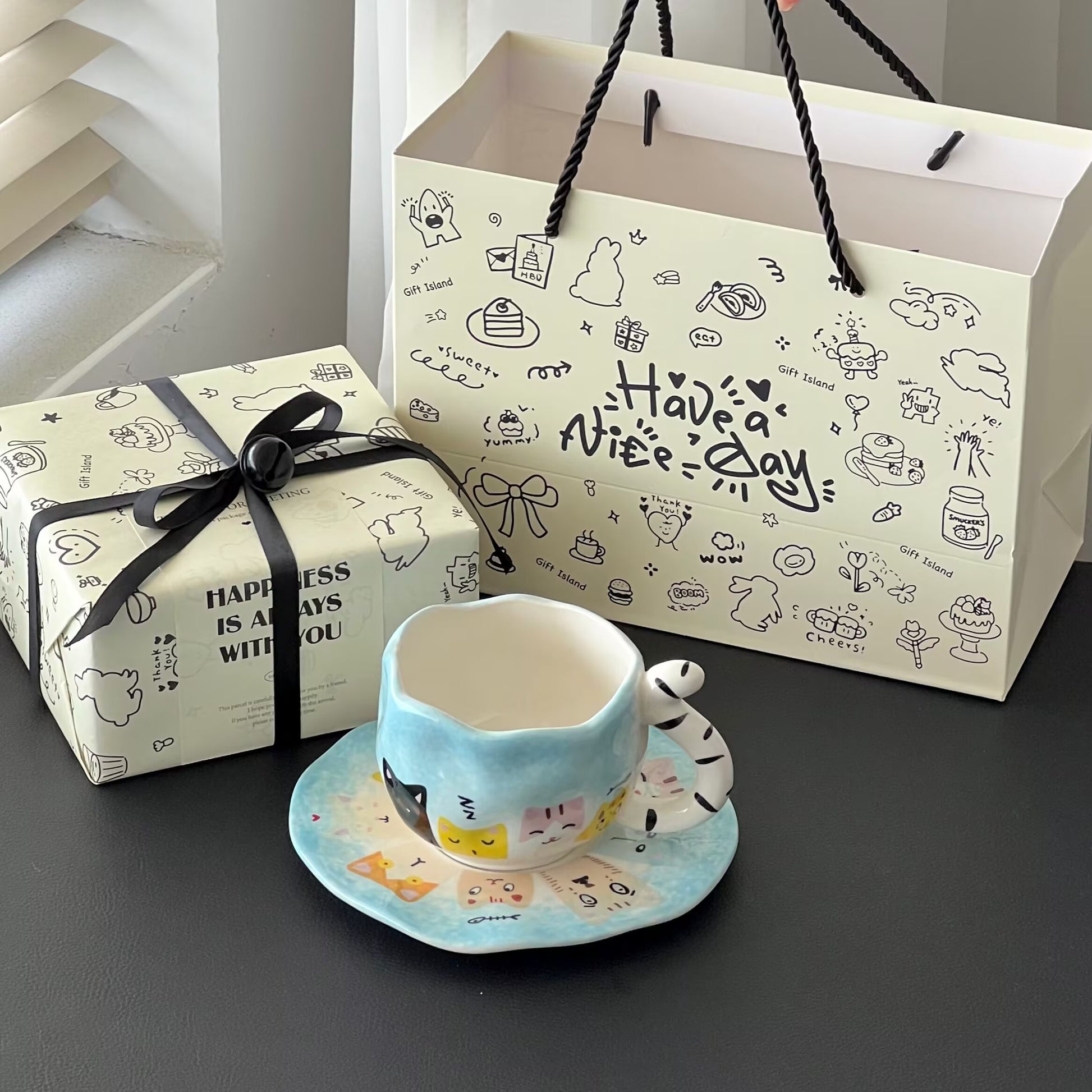 Hand drawn Cat Mug with Saucer