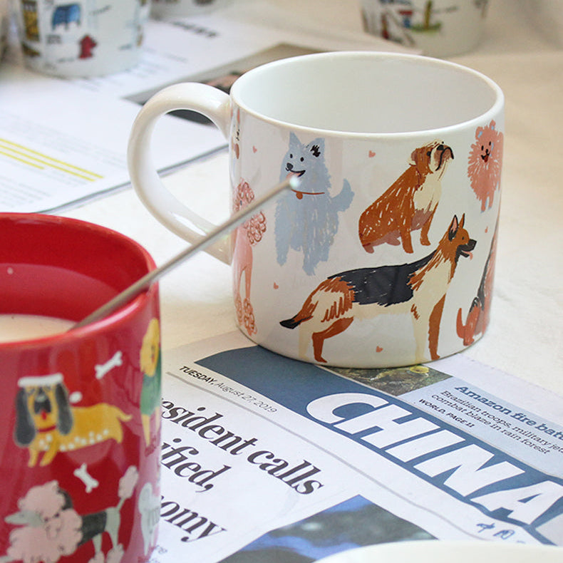 Cute mug with dog pattern on a table with a newspaper and cookies
