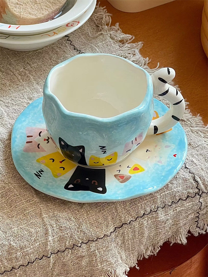 Hand drawn Cat Mug with Saucer