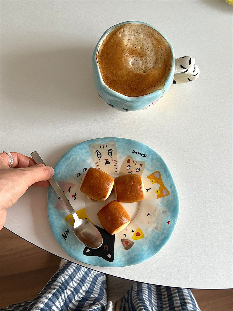 Hand drawn Cat Mug with Saucer