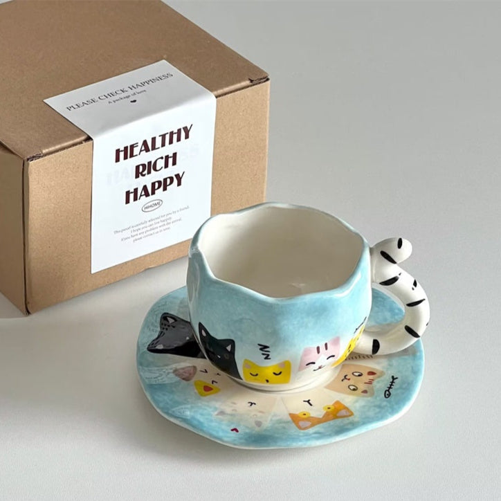 Hand drawn Cat Mug with Saucer