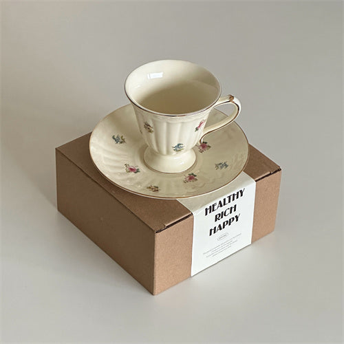 Gold-Rimmed Floral Coffee Cup