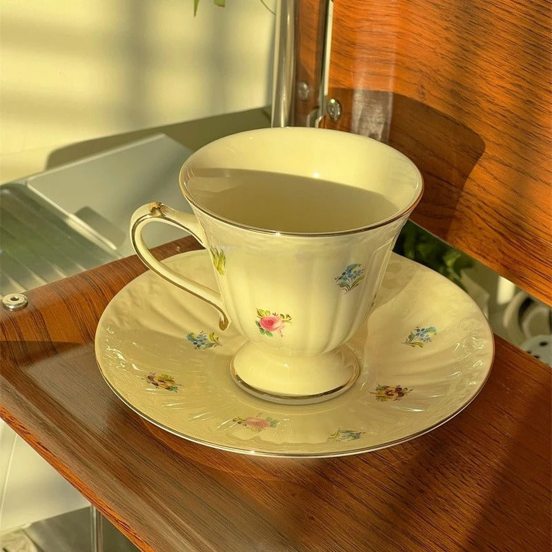 Gold-Rimmed Floral Coffee Cup